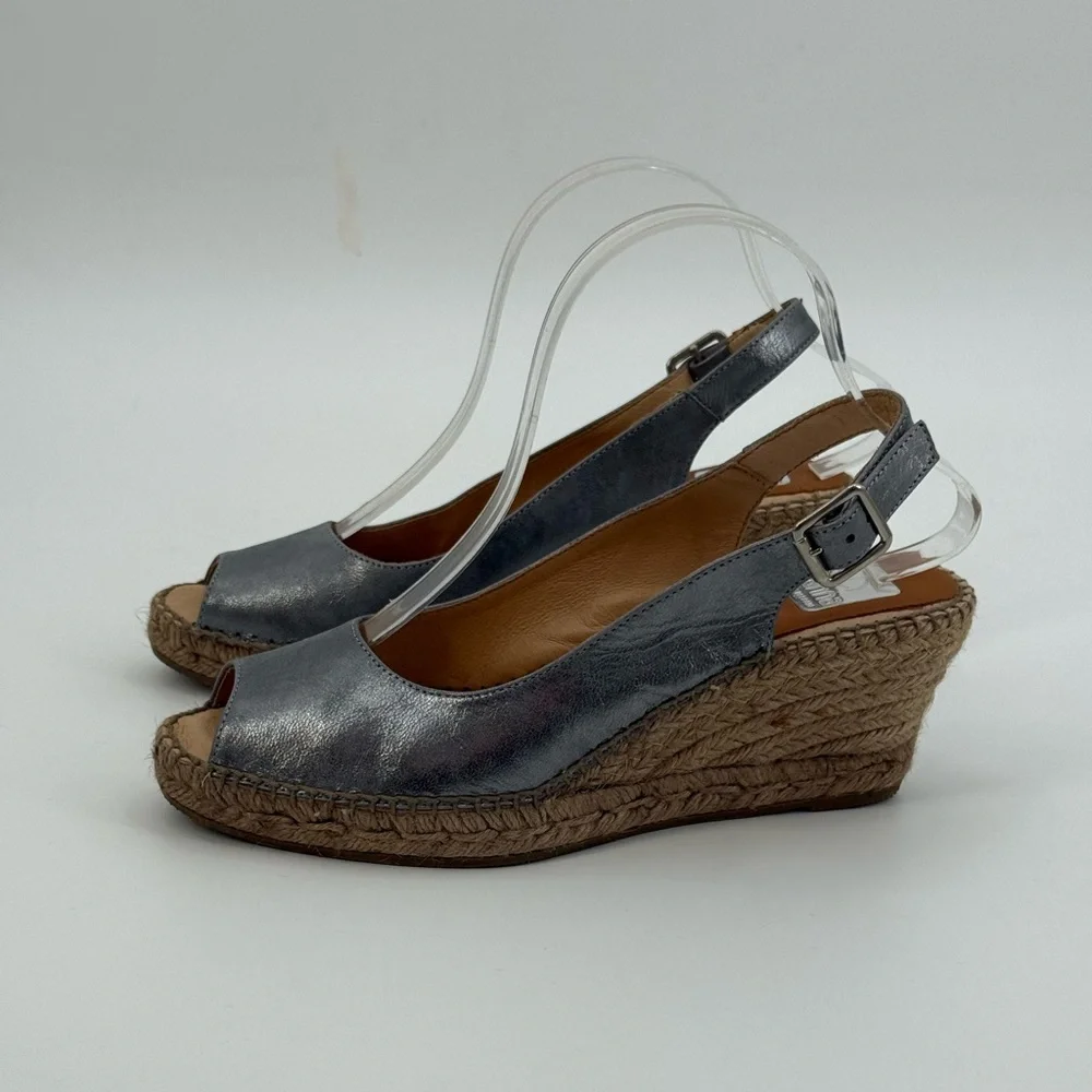 Kanna Metallic Silver Espadrille Wedge Slingback Peep Toe Sandal Summer Chic - Picture 14 of 16